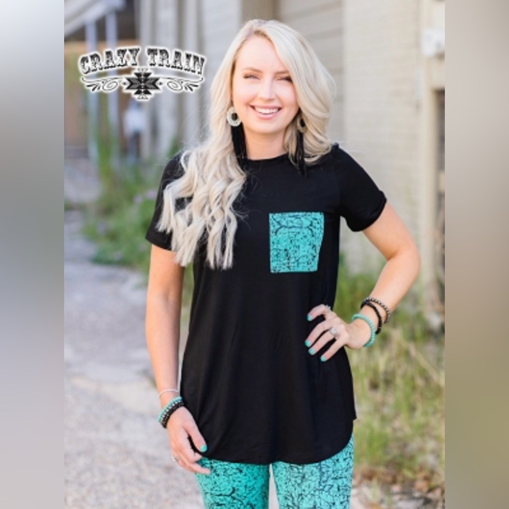 NWT! Crazy Train Black Short-Sleeve Tee with Turquoise Pocket